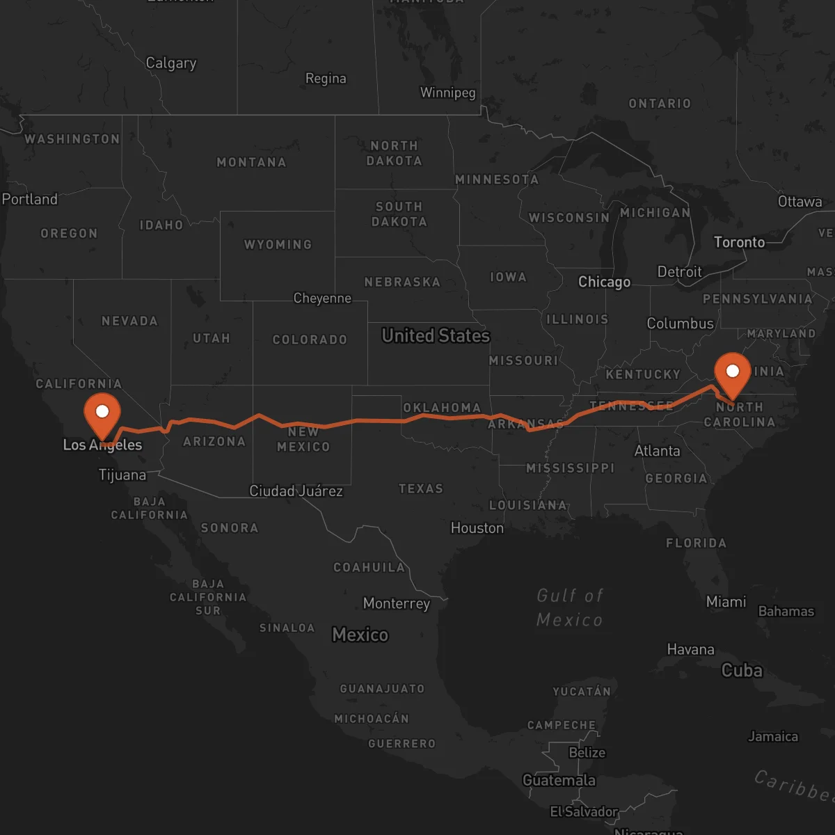 Ruta Los Angeles - Greensboro