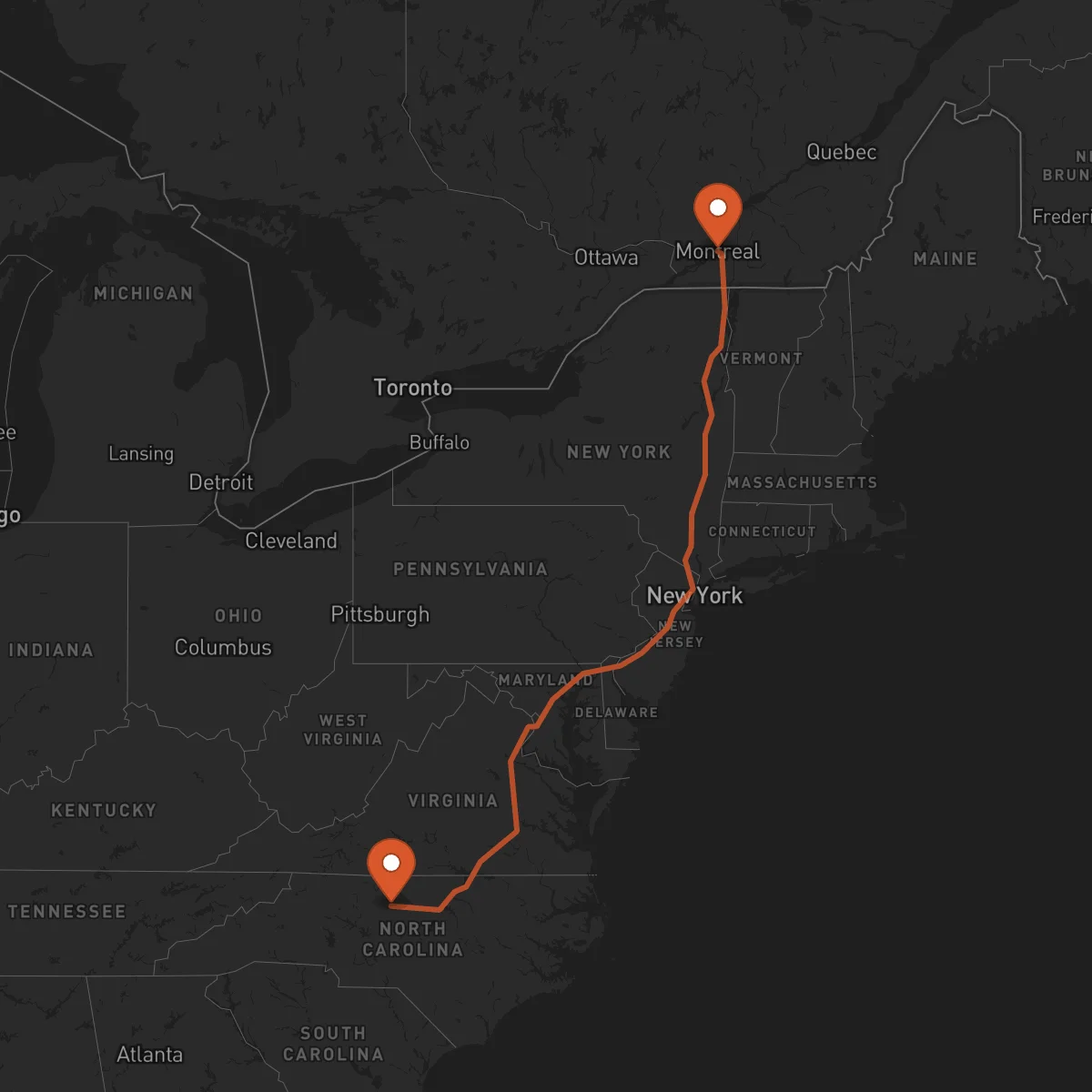 Ruta Montreal - Greensboro
