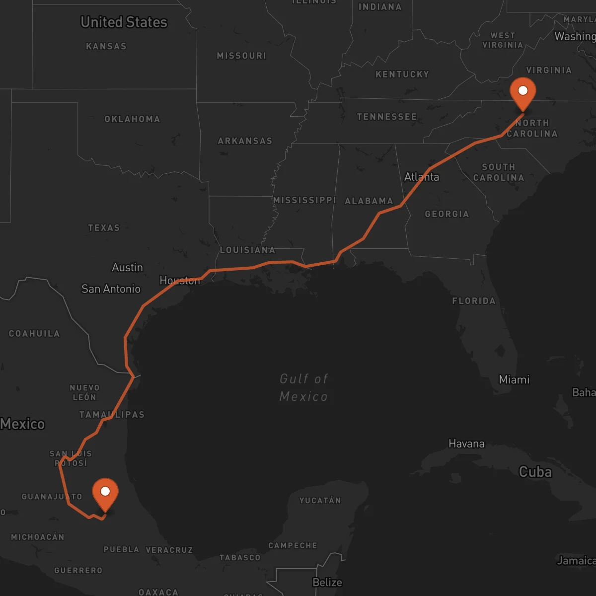 Ruta Pachuca de Soto - Greensboro