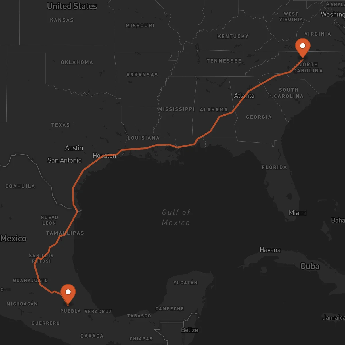Ruta Puebla de Zaragoza - Greensboro
