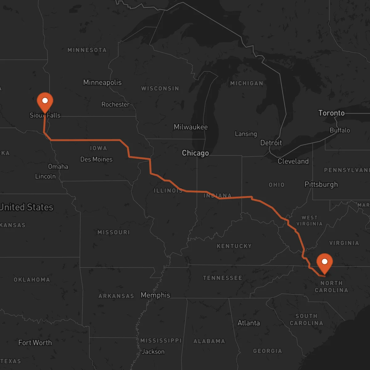 Ruta Sioux Falls - Greensboro
