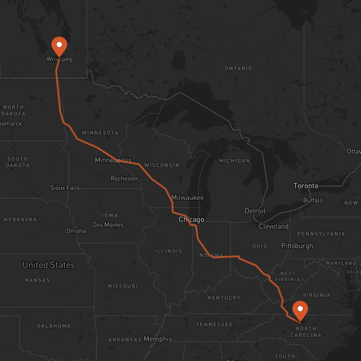 Ruta Winnipeg - Greensboro