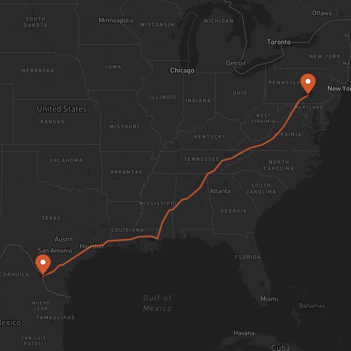 Ruta Laredo - Harrisburg