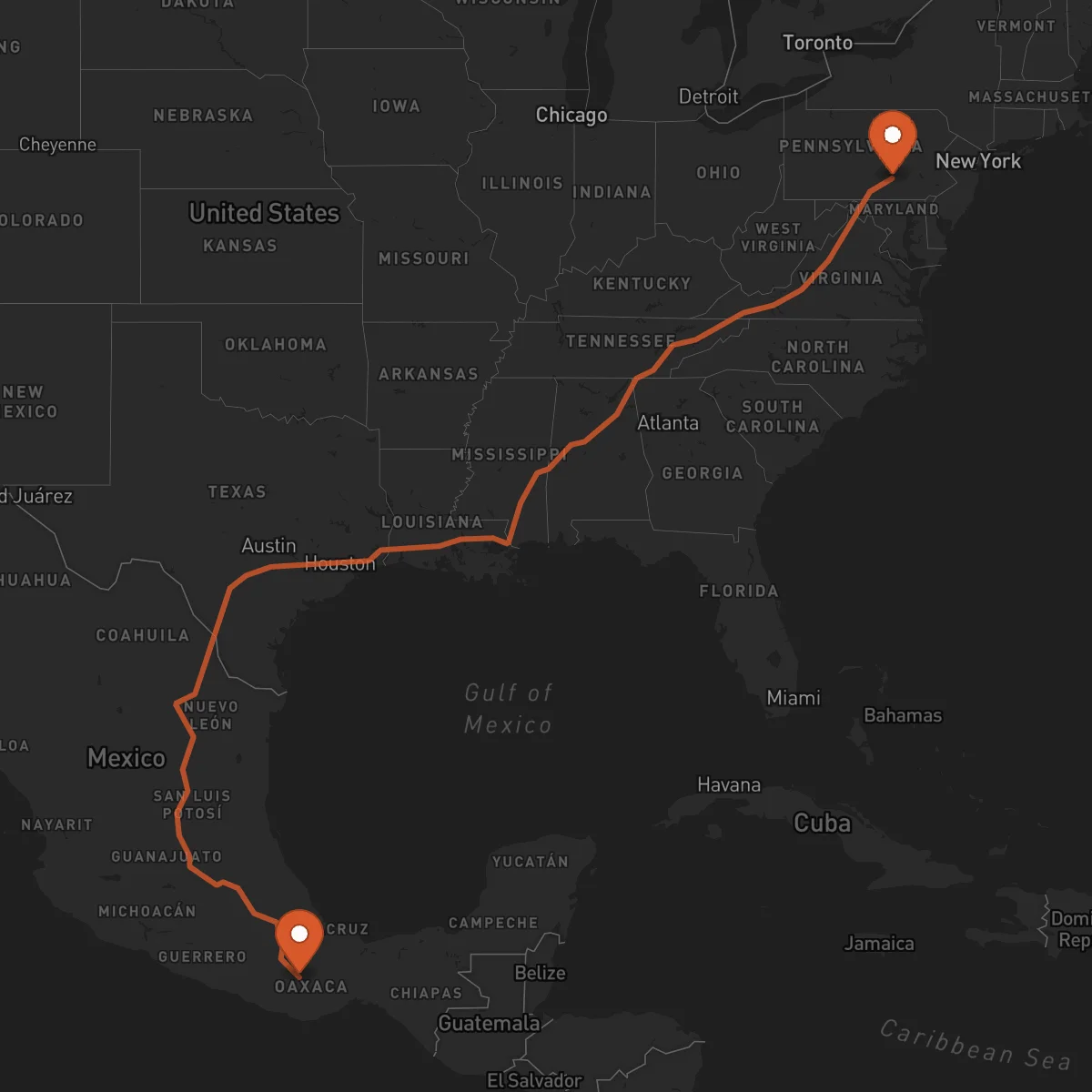 Ruta Oaxaca de Juárez - Harrisburg