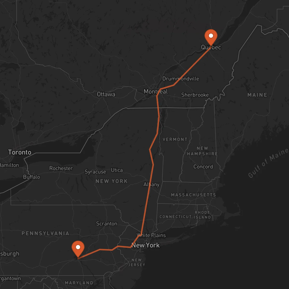 Ruta Harrisburg - Quebec City