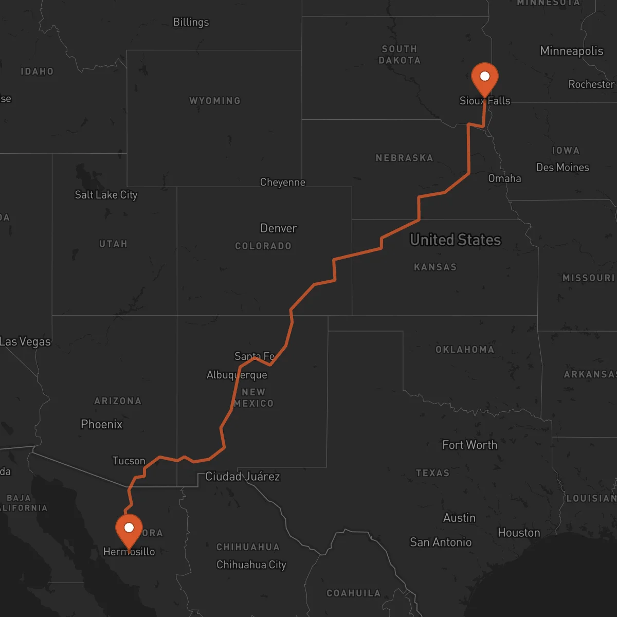 Ruta Sioux Falls - Hermosillo