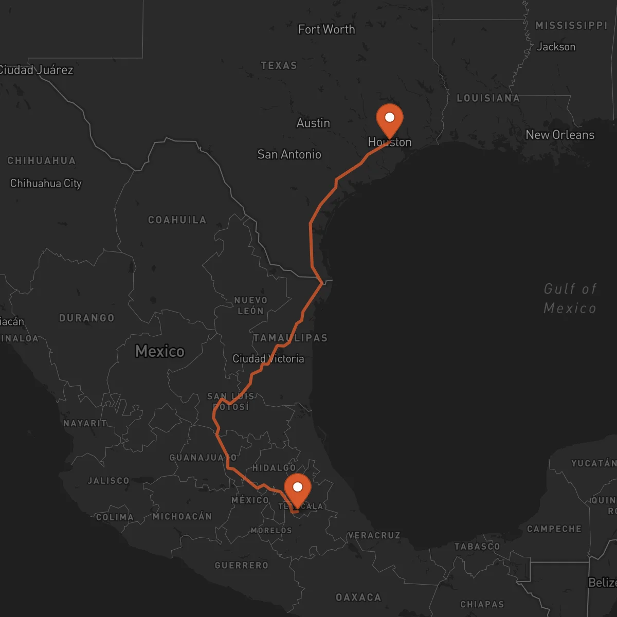Ruta Houston - Tlaxcala de Xicohténcatl