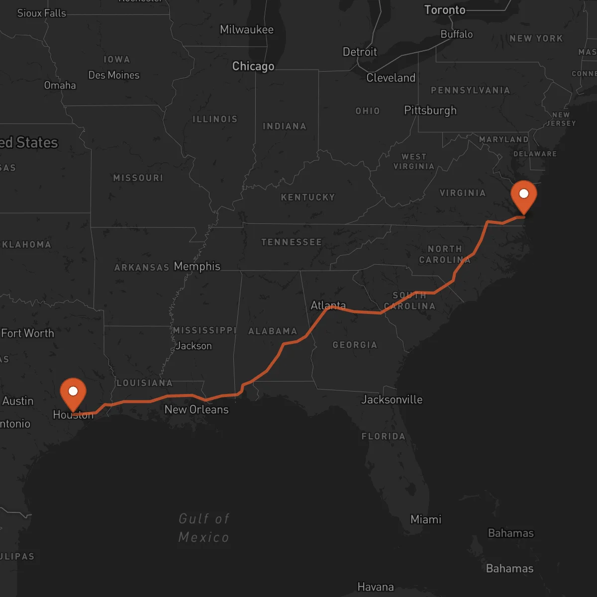 Ruta Virginia Beach - Houston
