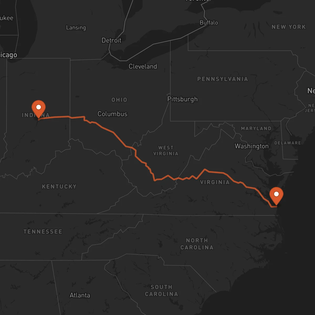 Ruta Indianápolis - Virginia Beach