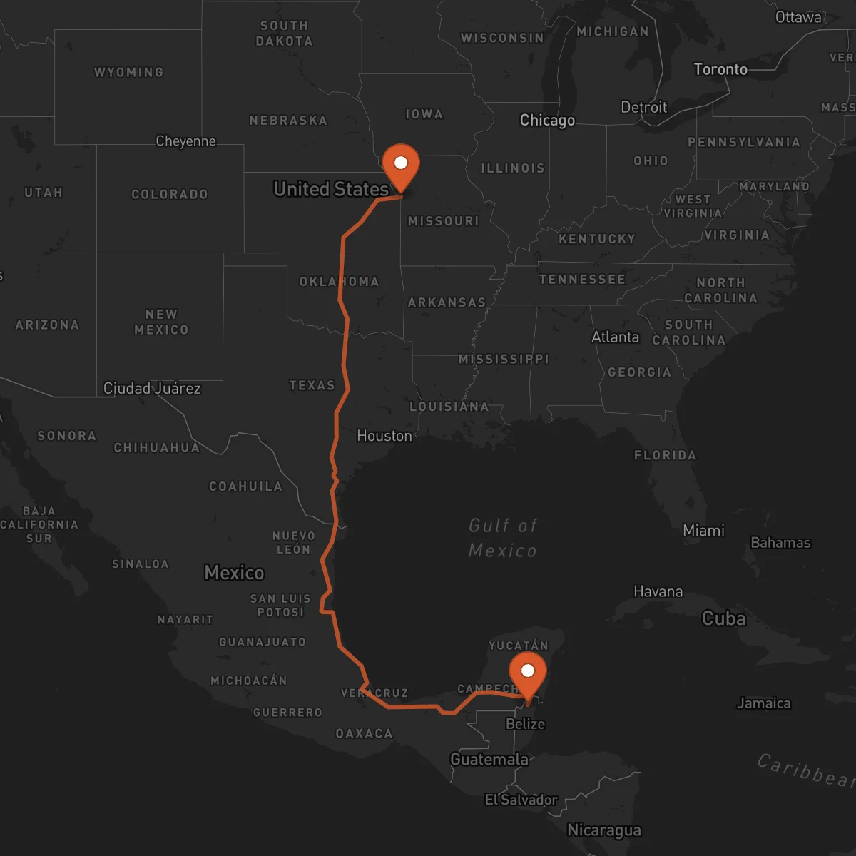 Ruta Kansas City - Orange Walk Town