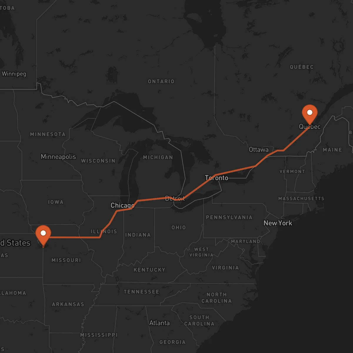 Ruta Kansas City - Quebec City