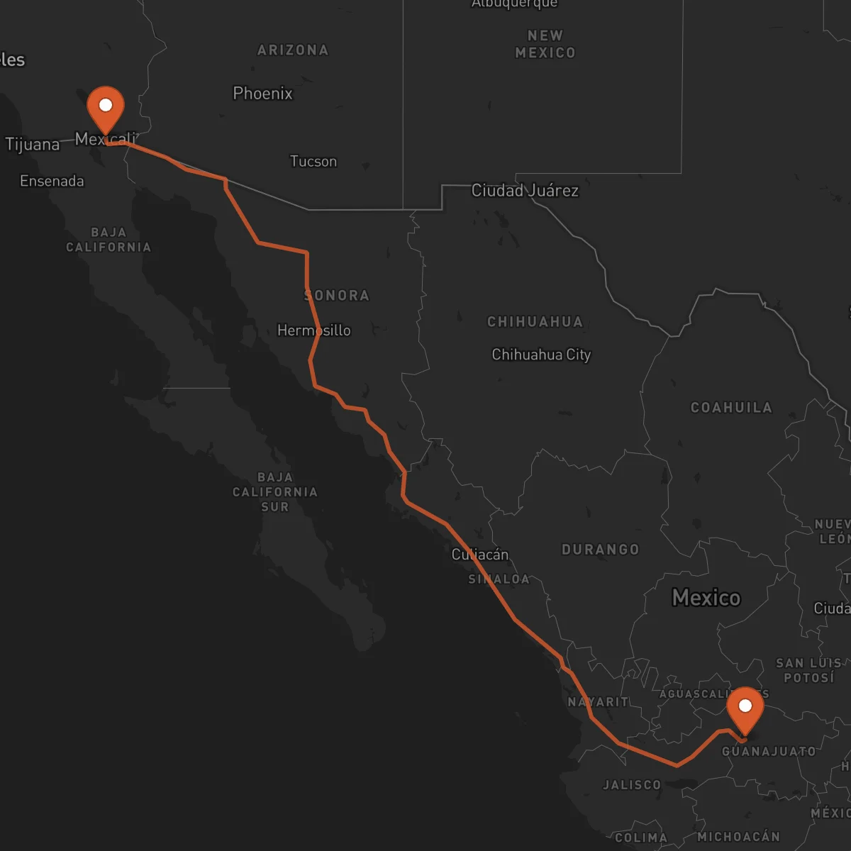 Ruta León Guanajuato - Mexicali