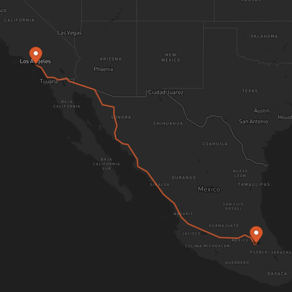 Ruta Long Beach - Tlaxcala de Xicohténcatl