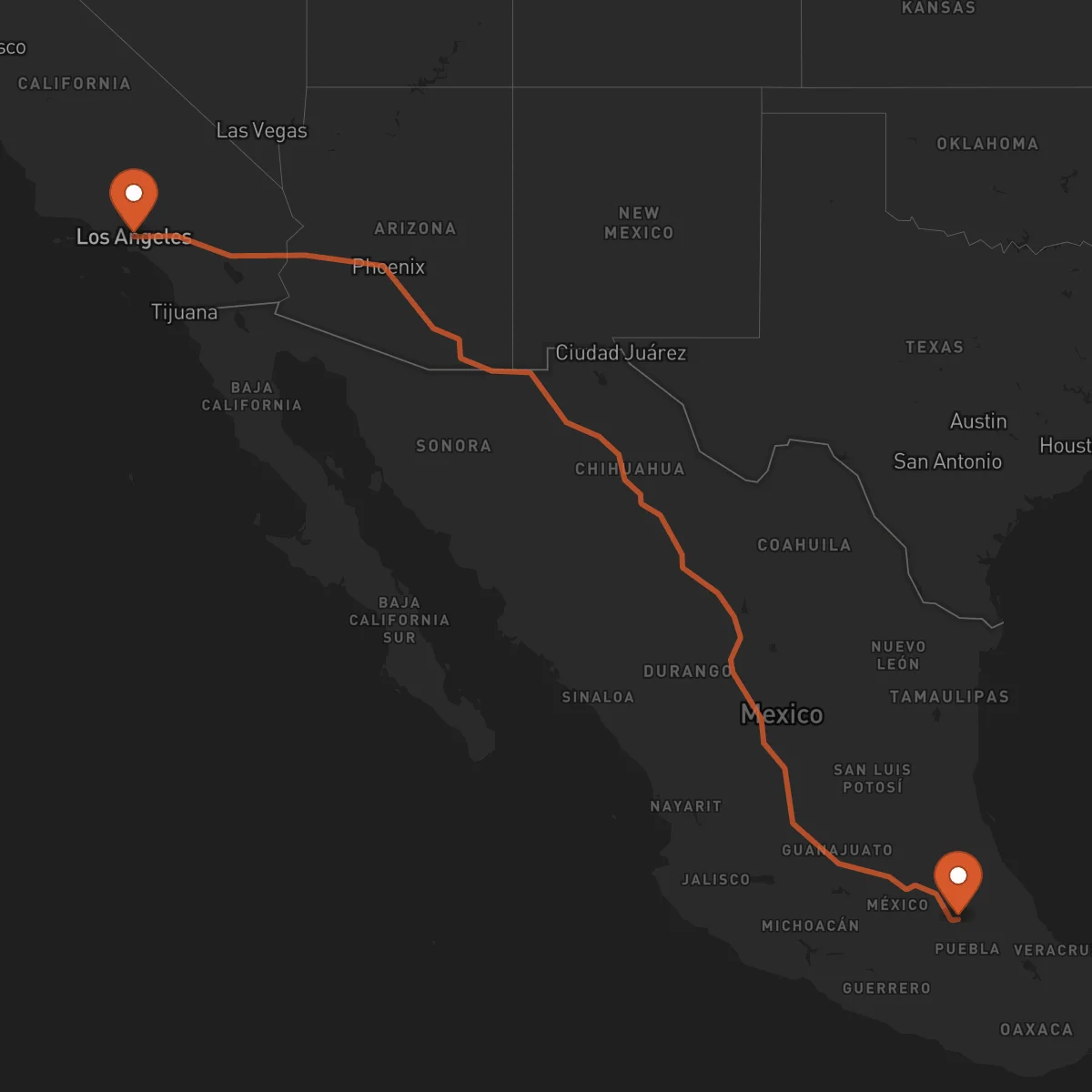Ruta Los Angeles - Tlaxcala de Xicohténcatl