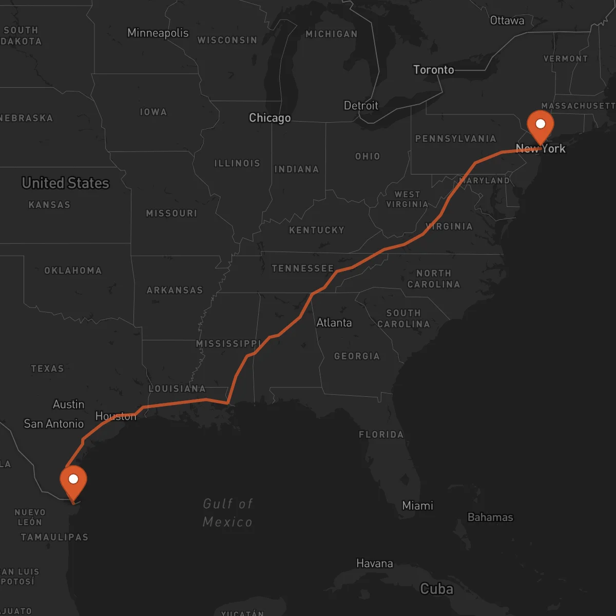Ruta New York City - Matamoros