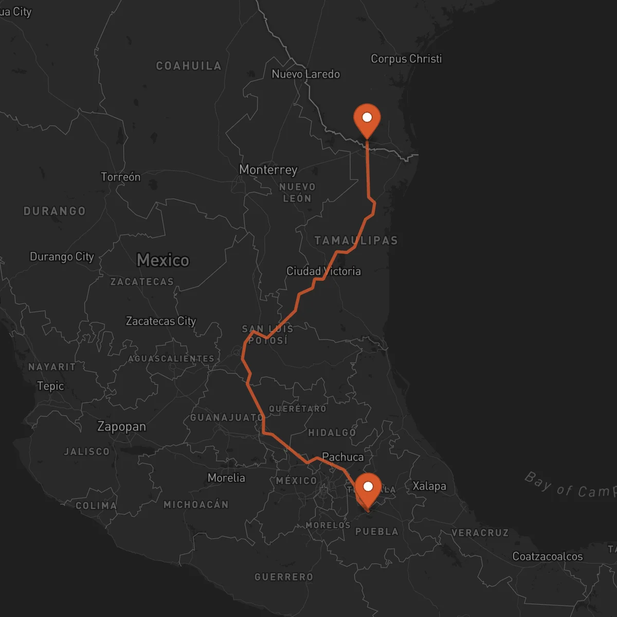 Ruta Puebla de Zaragoza - McAllen