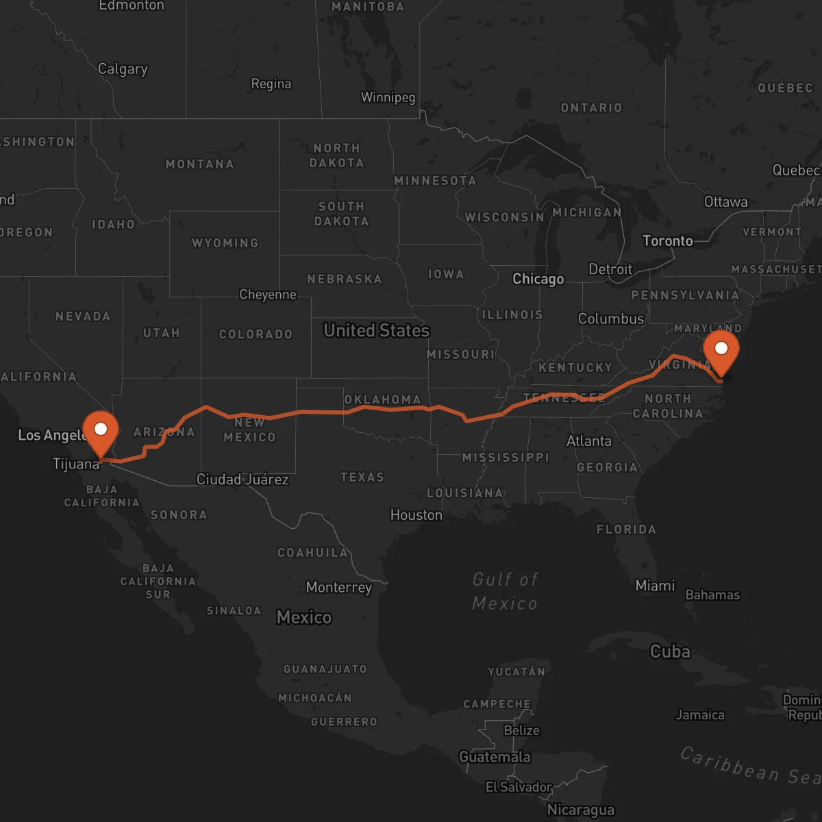 Ruta Virginia Beach - Mexicali