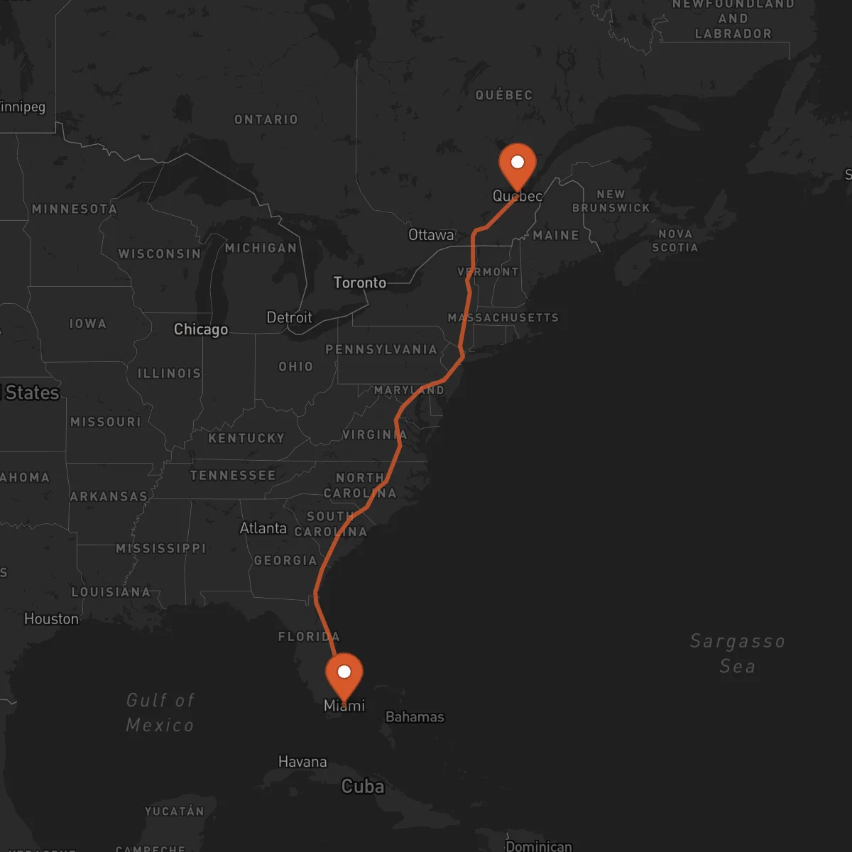 Ruta Quebec City - Miami