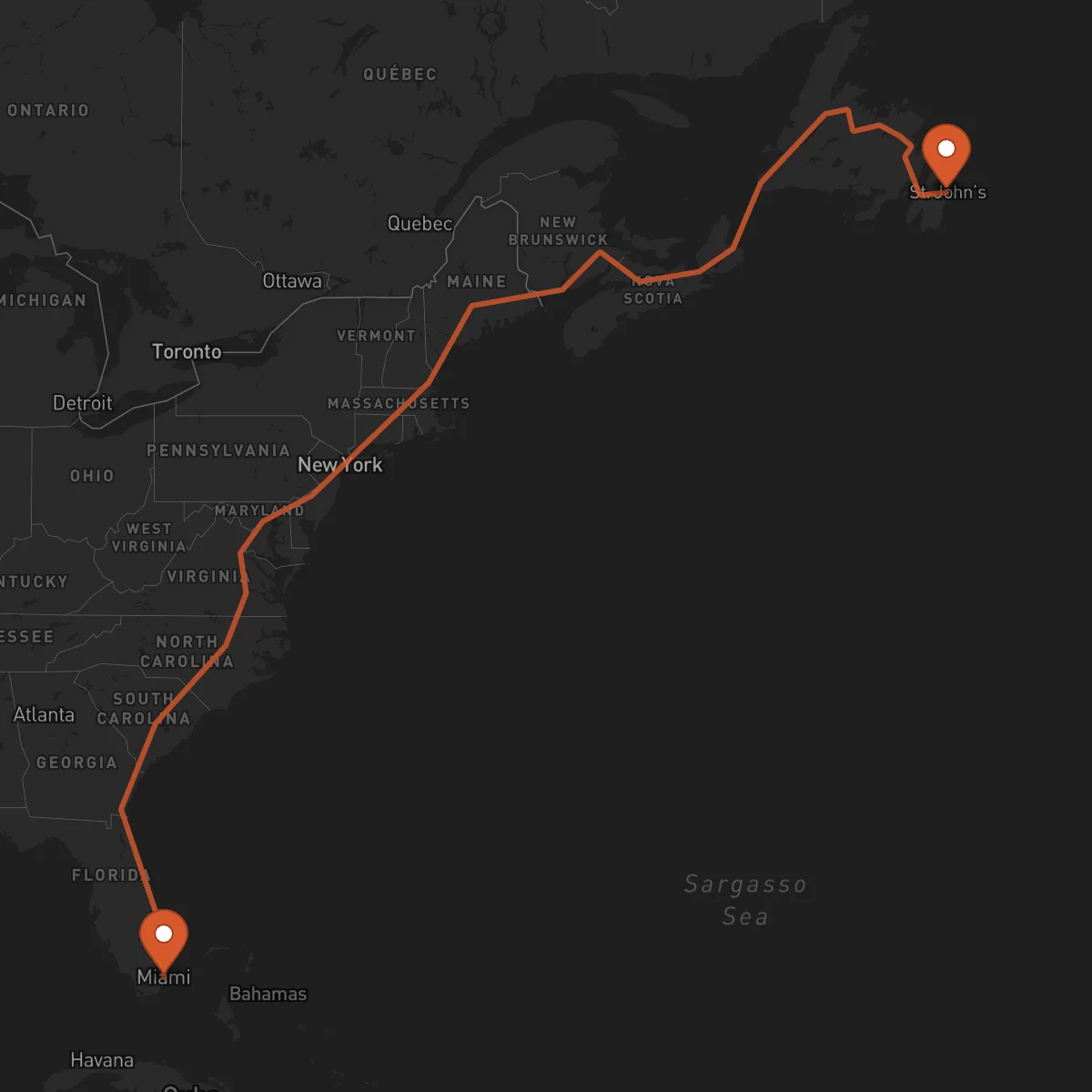 Ruta Miami - San Juan de Terranova (St. John's)