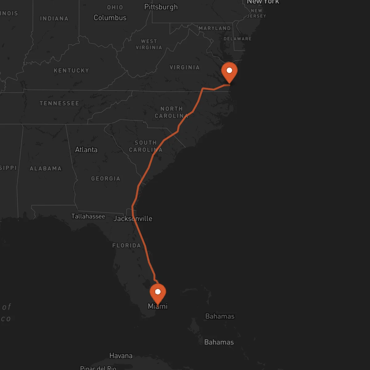 Ruta Miami - Virginia Beach