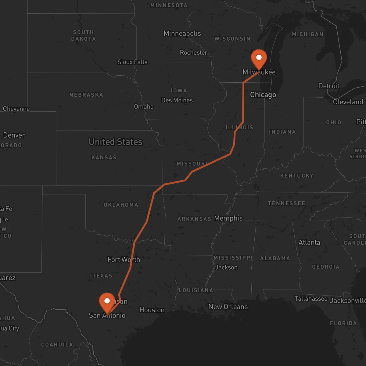 Ruta Milwaukee - San Antonio