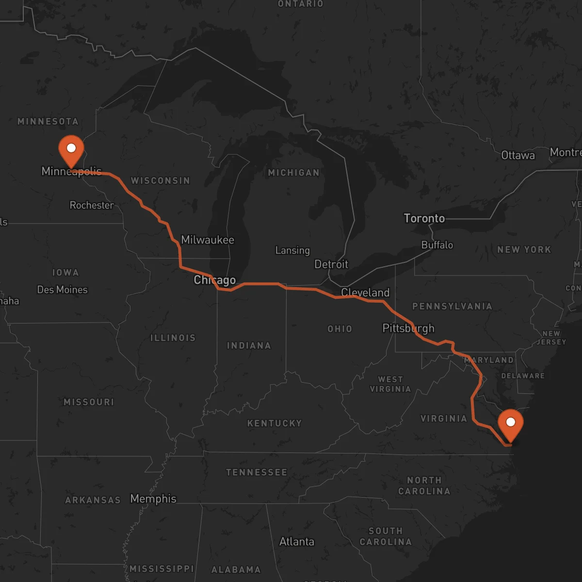 Ruta Minneapolis - Virginia Beach