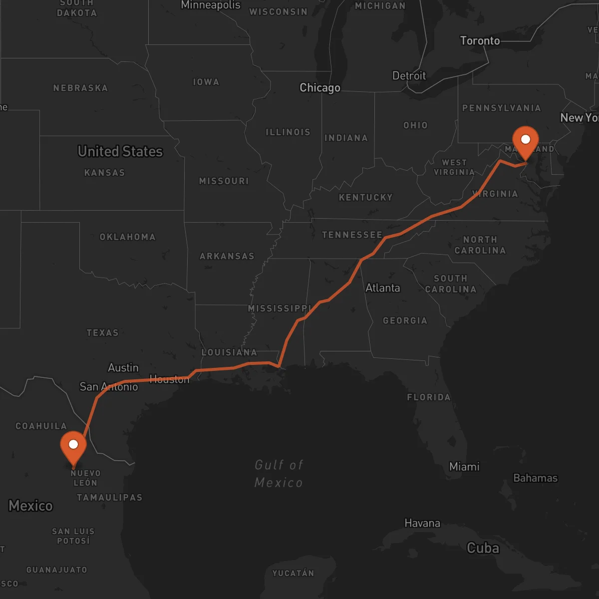 Ruta Washington D.C. - Monterrey