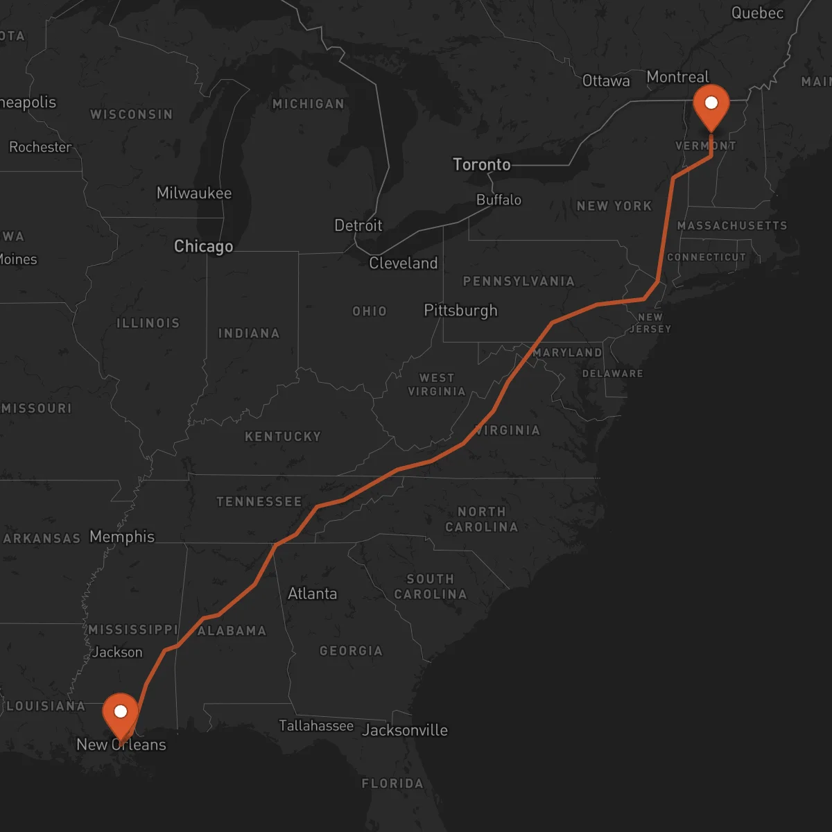 Ruta Montpelier - New Orleans
