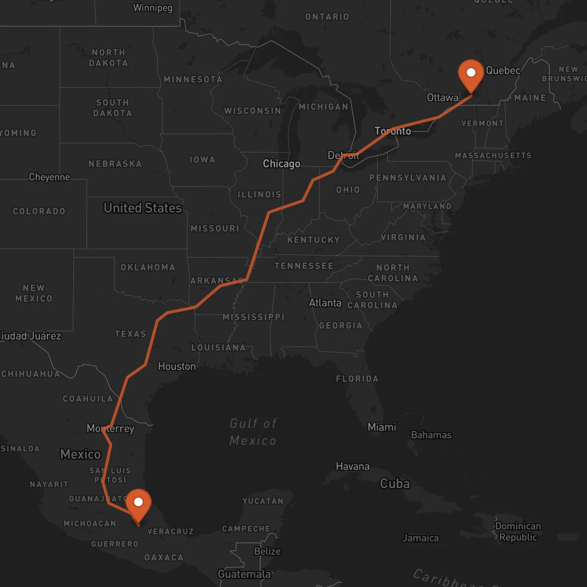 Ruta Puebla de Zaragoza - Montreal