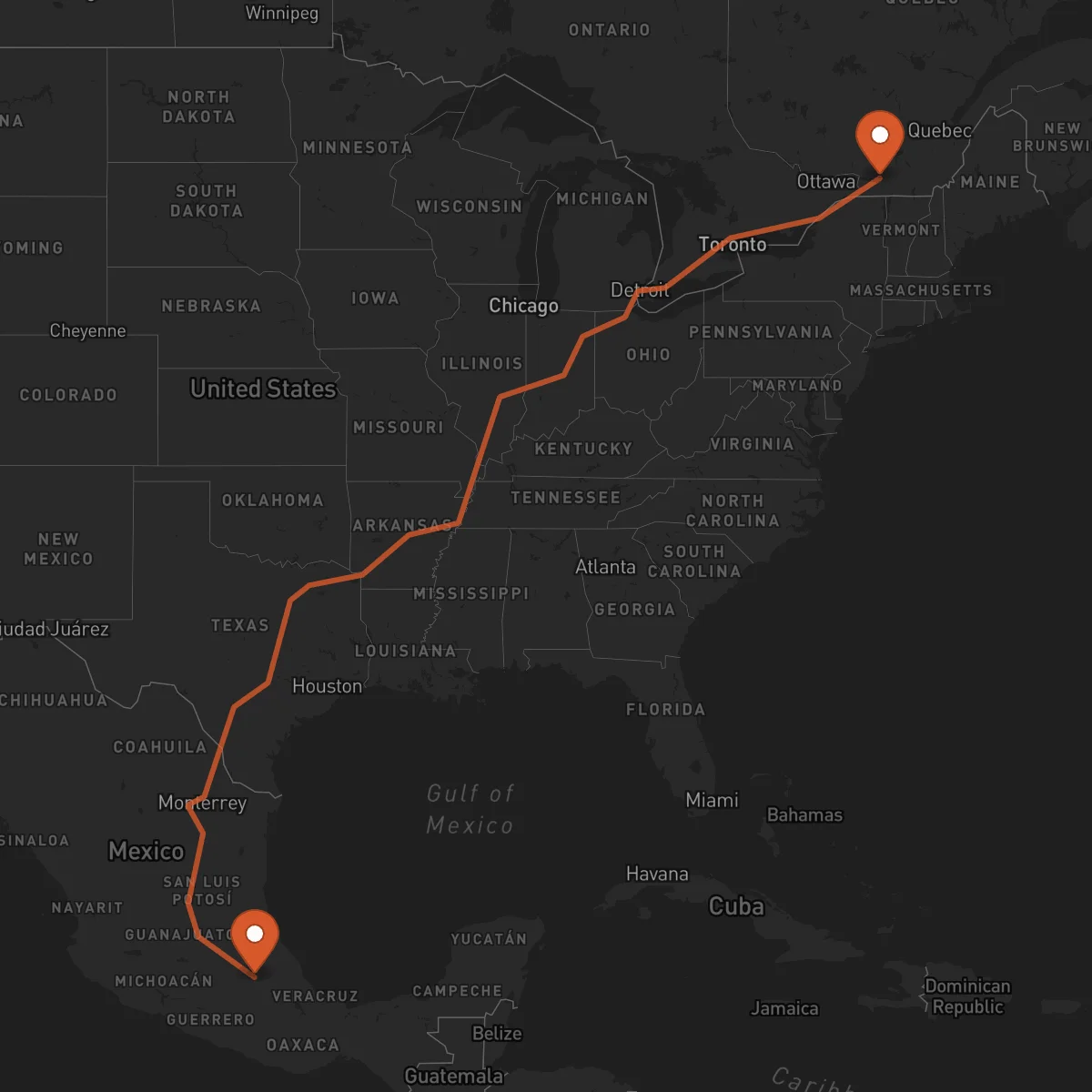 Ruta Montreal - Tlaxcala de Xicohténcatl