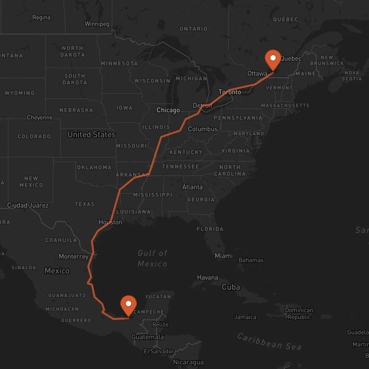 Ruta Montreal - Villahermosa