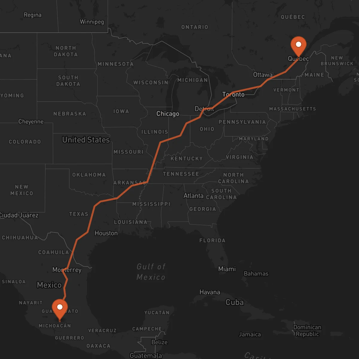 Ruta Morelia - Quebec City