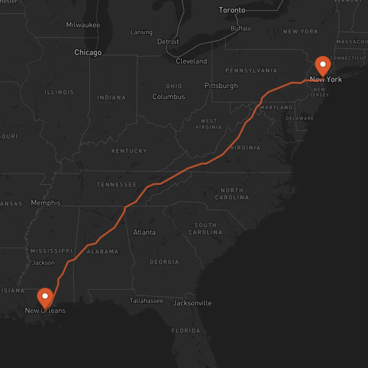 Ruta Newark - New Orleans