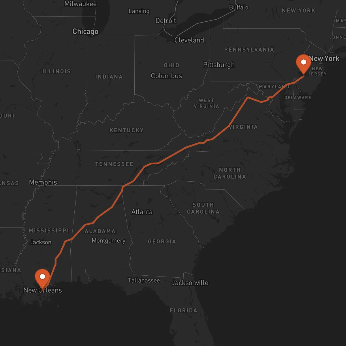 Ruta Philadelphia - New Orleans