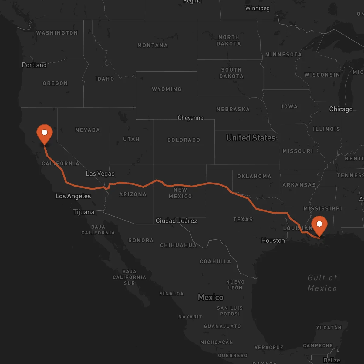 Ruta New Orleans - Sacramento