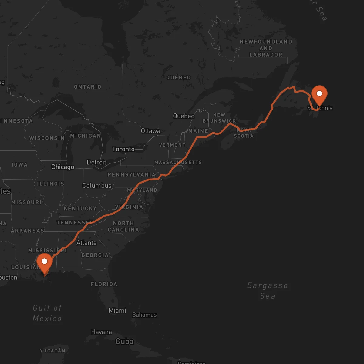 Ruta San Juan de Terranova (St. John's) - New Orleans