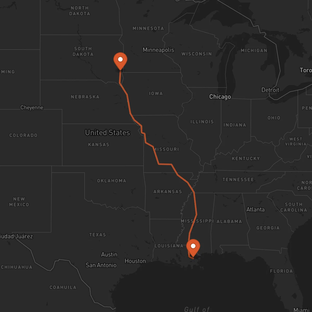 Ruta Sioux Falls - New Orleans