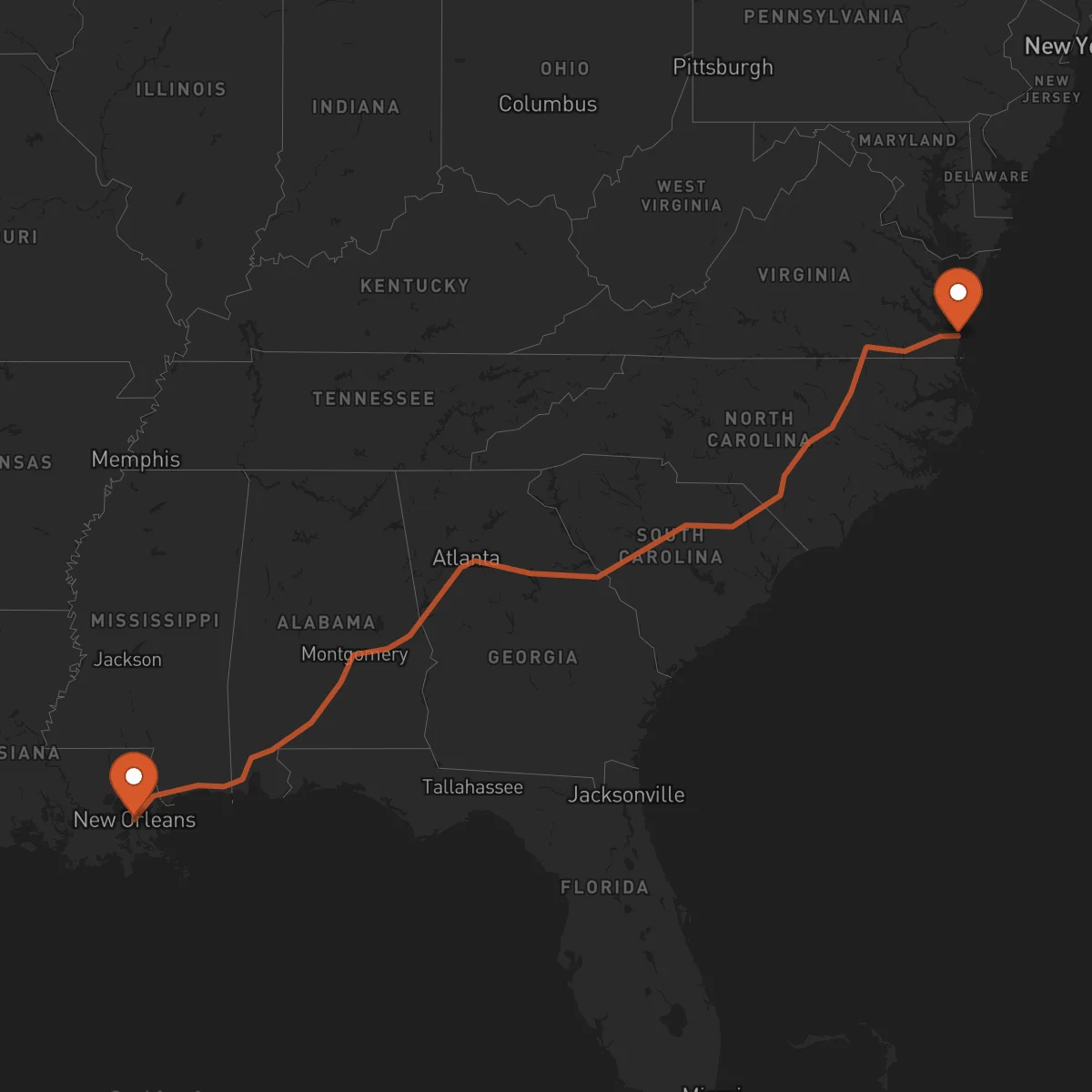 Ruta Virginia Beach - New Orleans