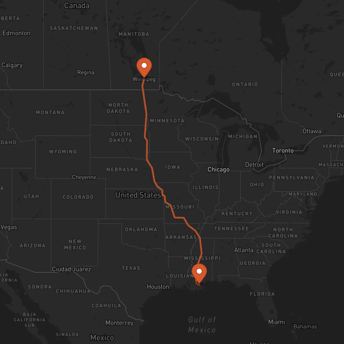 Ruta Winnipeg - New Orleans