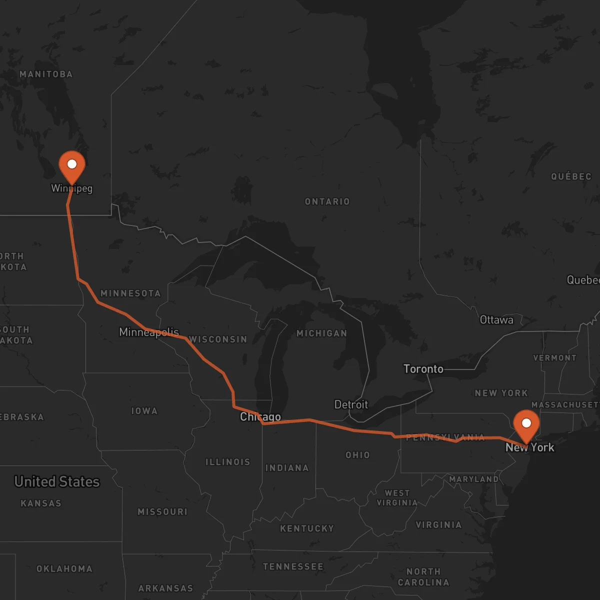 Ruta Winnipeg - Newark