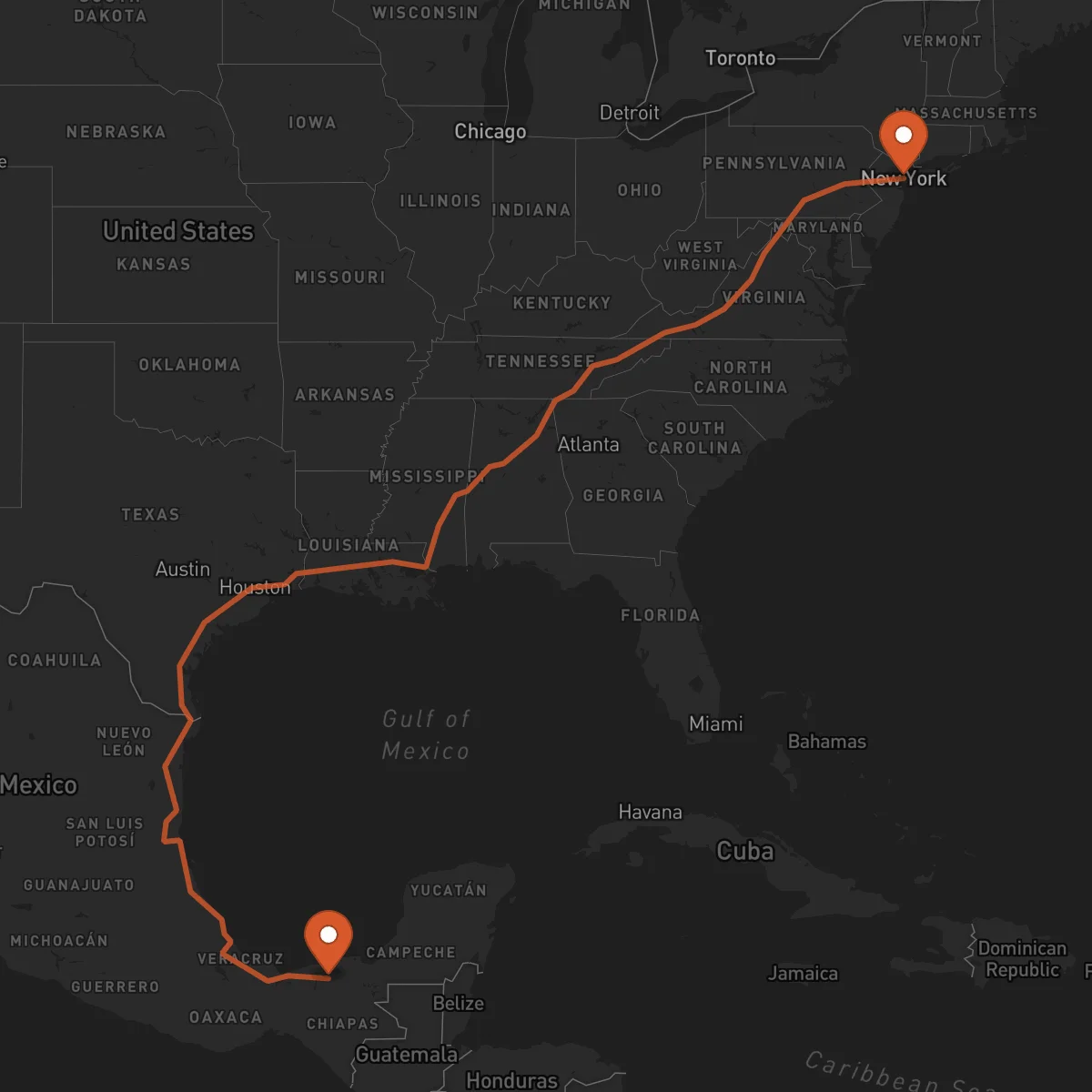 Ruta New York - Villahermosa