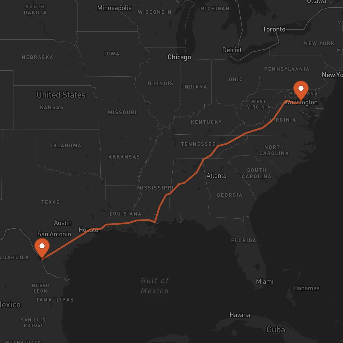 Ruta Washington D.C. - Nuevo Laredo