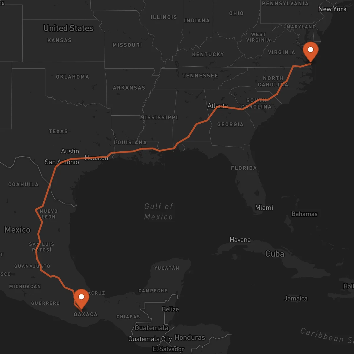 Ruta Virginia Beach - Oaxaca de Juárez