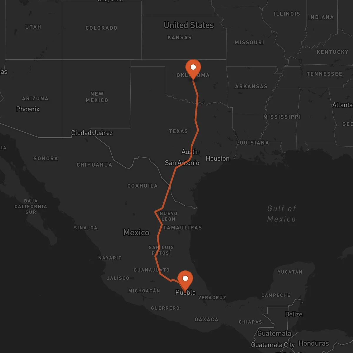 Ruta Oklahoma City - Puebla de Zaragoza