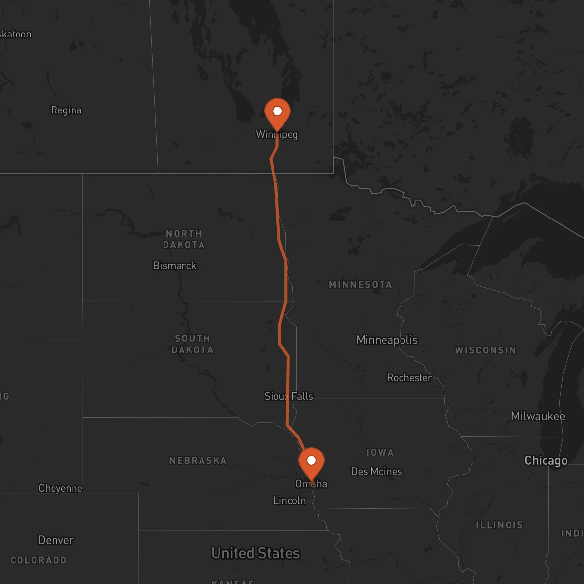 Ruta Winnipeg - Omaha