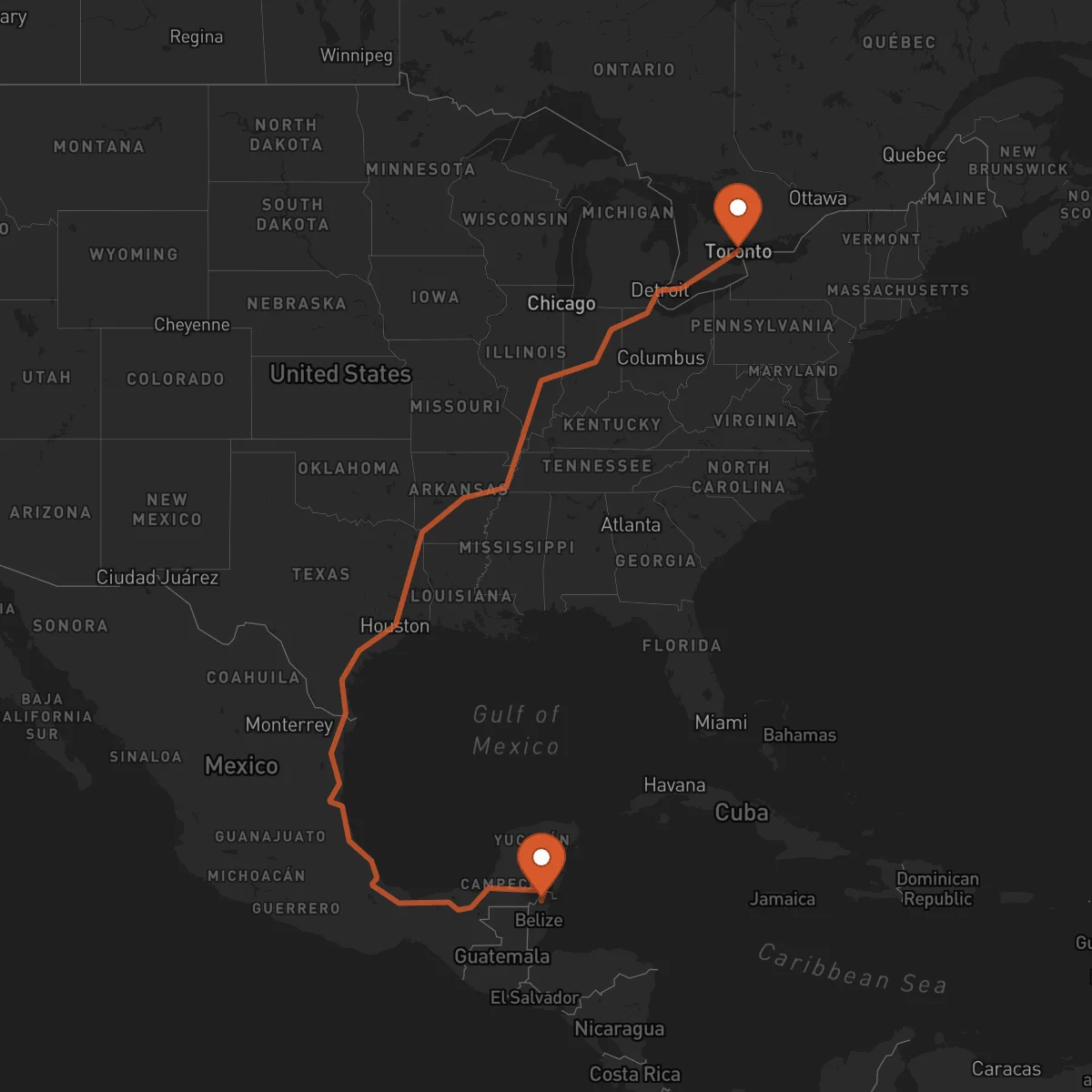 Ruta Toronto - Orange Walk Town