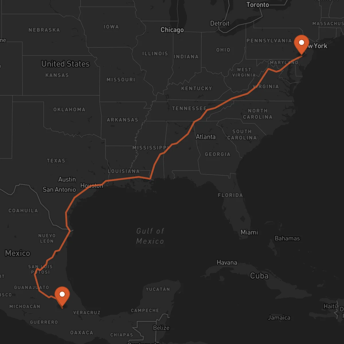 Ruta Puebla de Zaragoza - Philadelphia