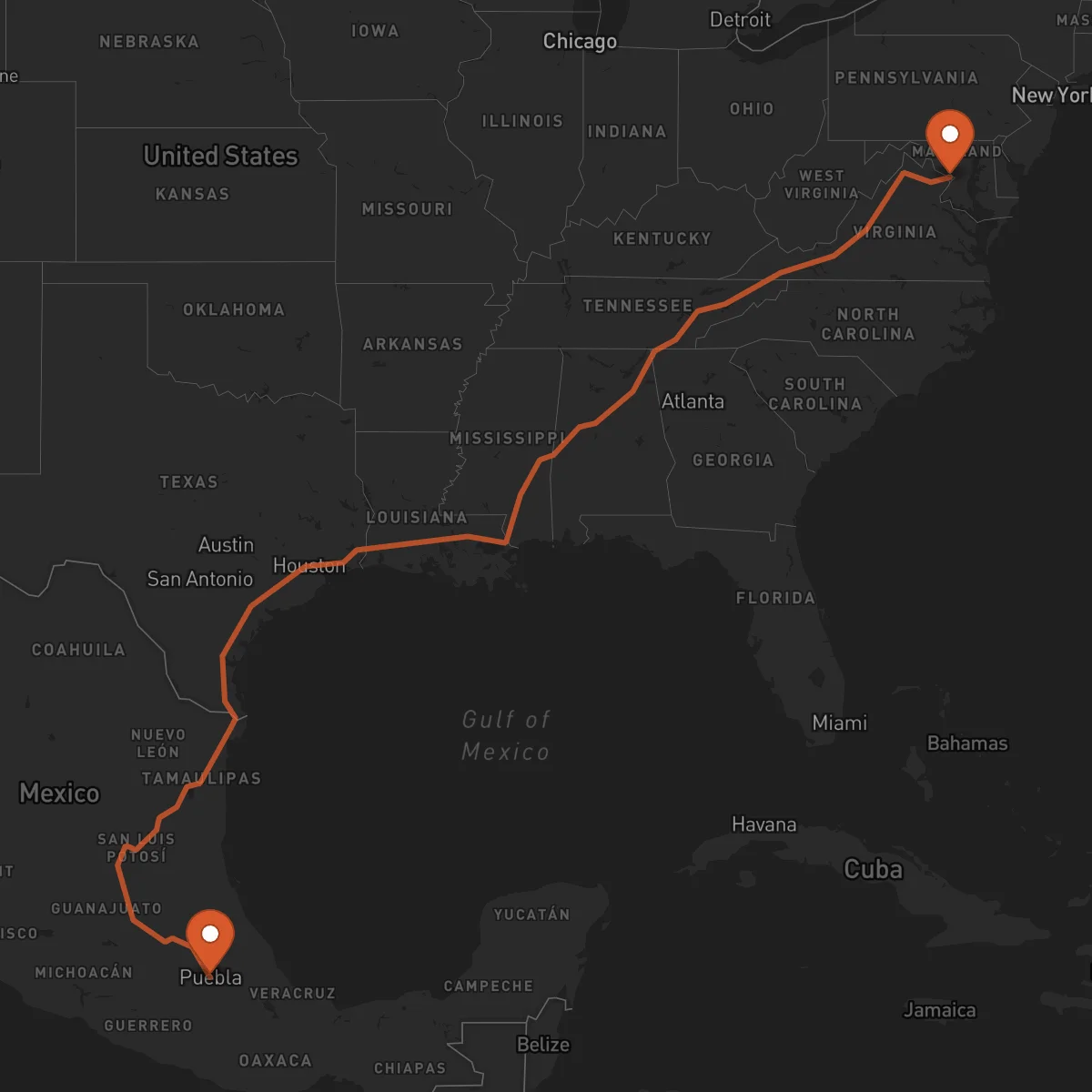Ruta Puebla de Zaragoza - Washington D.C.