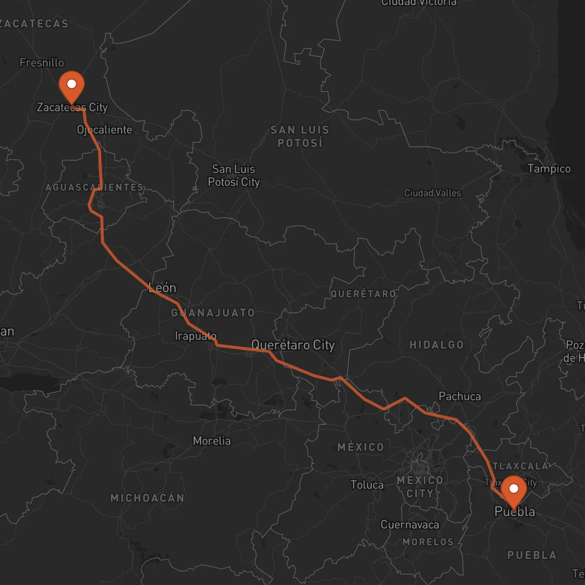 Ruta Zacatecas - Puebla de Zaragoza