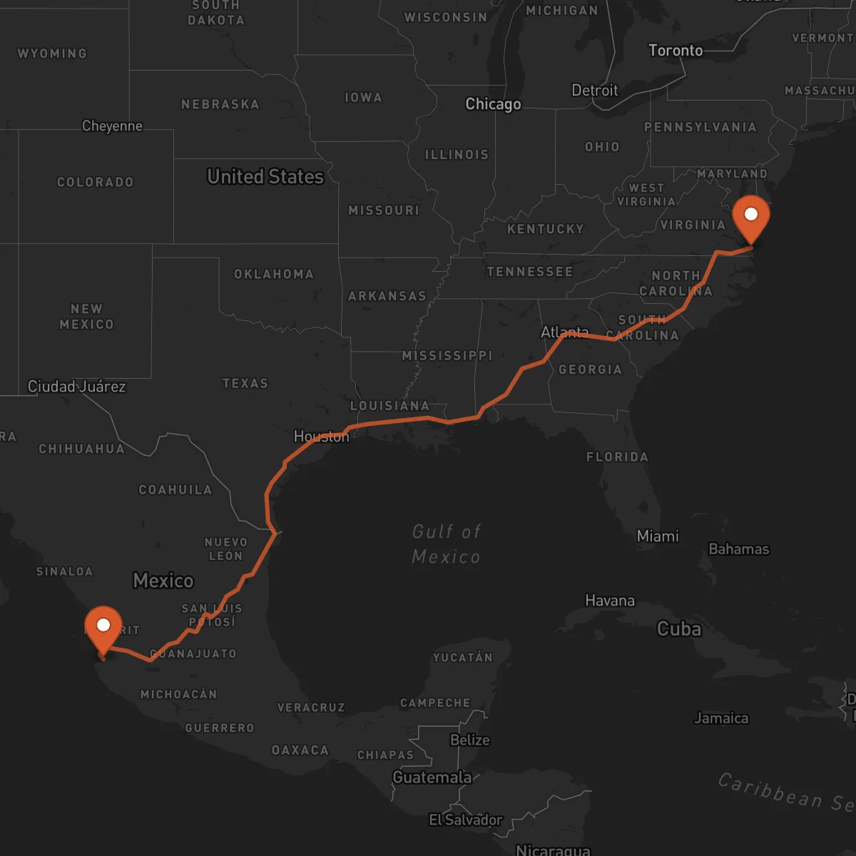 Ruta Virginia Beach - Puerto Vallarta